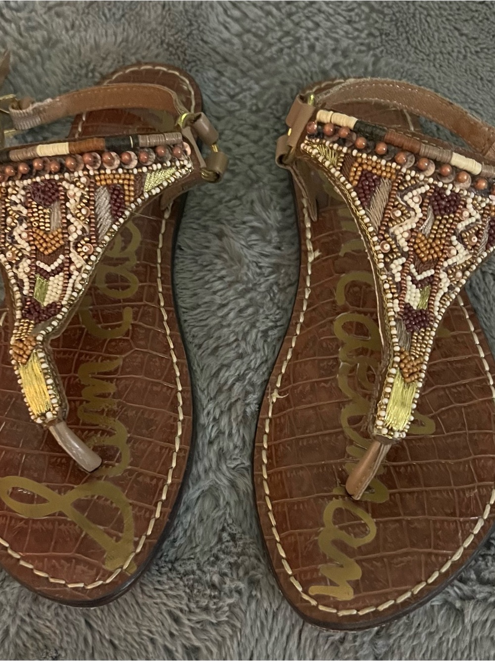 Sam Edelman Beaded T-Strap Brown Sandals with Metallic Accents - Picture 5 of 7